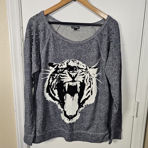 EXPRESS Studded Tiger Graphic Sweatshirt Heather Blue Size L Slouchy Casual Soft - Picture 1 of 5